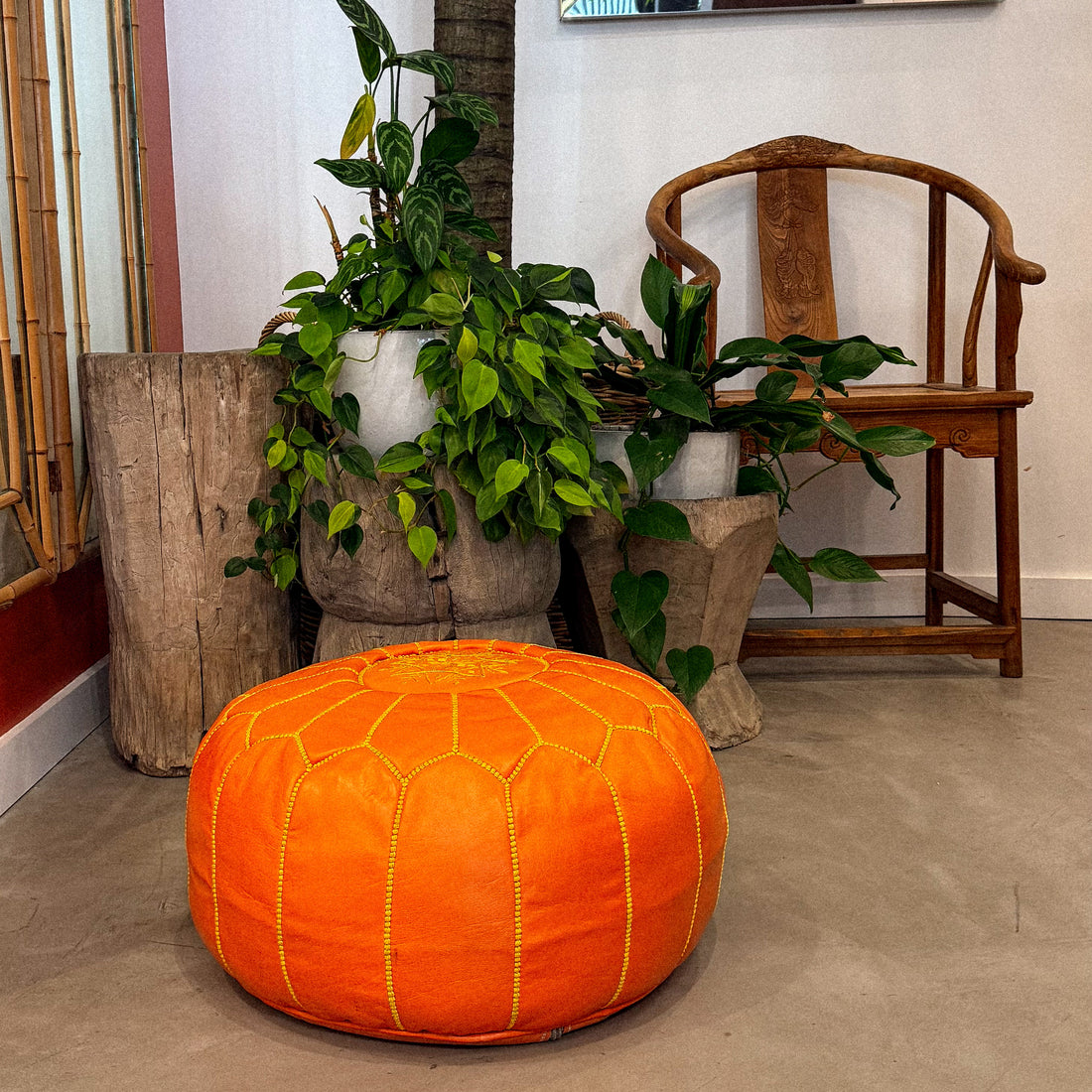 ORANGE MOROCCAN LEATHER POUF