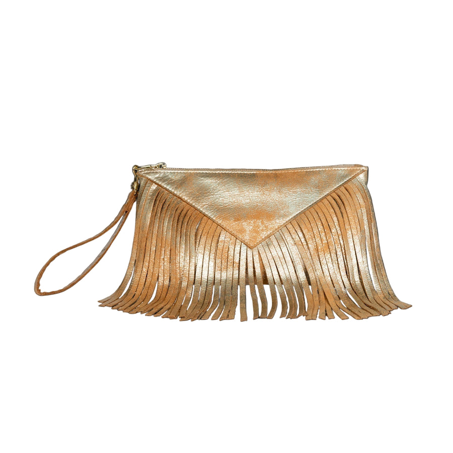 LEATHER FRINGE CLUTCH W/HANDLE