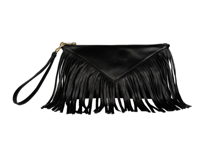 LEATHER FRINGE CLUTCH W/HANDLE