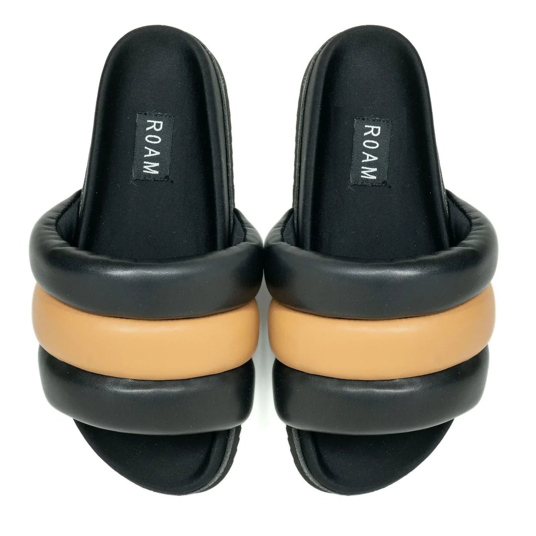 BLACK AND TAN PUFFY SANDALS